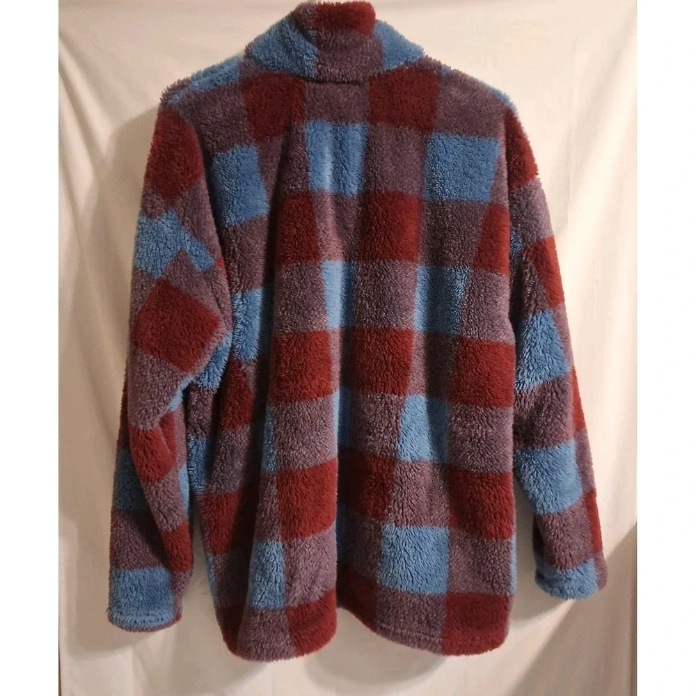 Eddie Bauer Womens XXL Quarter Zip Pullover Fuzzy Blue Burgundy Check Plaid - Picture 3 of 5